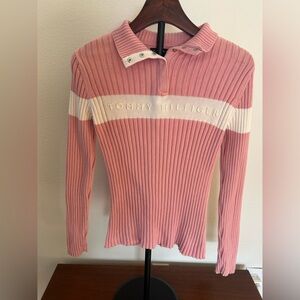 Tommy Hilfiger Pink and White Ribbed Long Sleeve Top